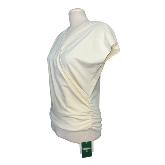 Halara V Neck Cap Sleeve Crossover Ruched Solid Work Blouse Sz Medium Womens Yel - Picture 9 of 10